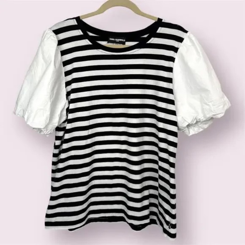 Karl Lagerfeld Black and White Striped Puff-Sleeve Tee